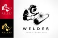 Welder welds a pipe in welding mask logo vector.